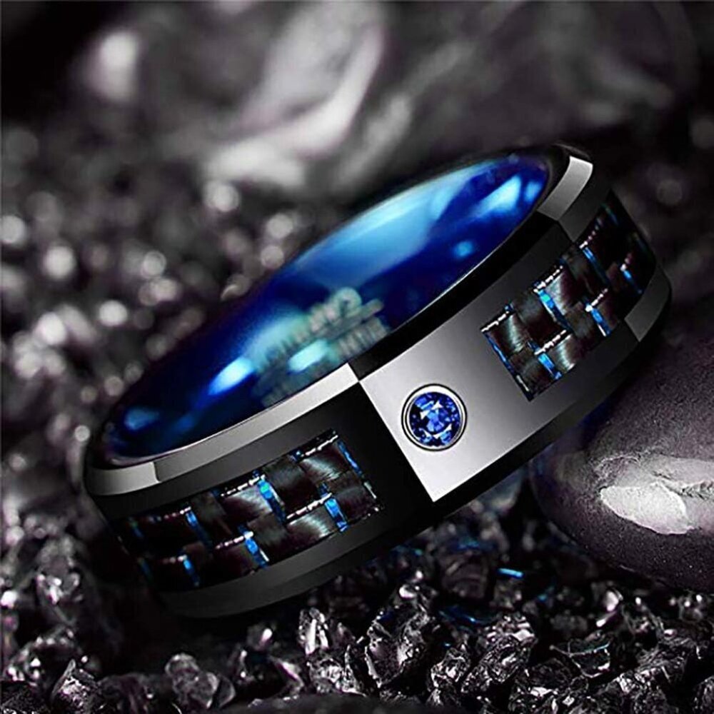 Men's Tungsten Carbide Ring 8mm Black Blue Wedding Band Comfort Fit - Picture 2 of 8